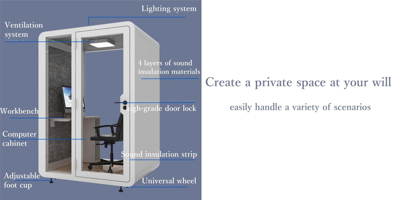 Solo Office Sound Booth Pod Audio Privacy - High Density Sound Insulation Create a private space