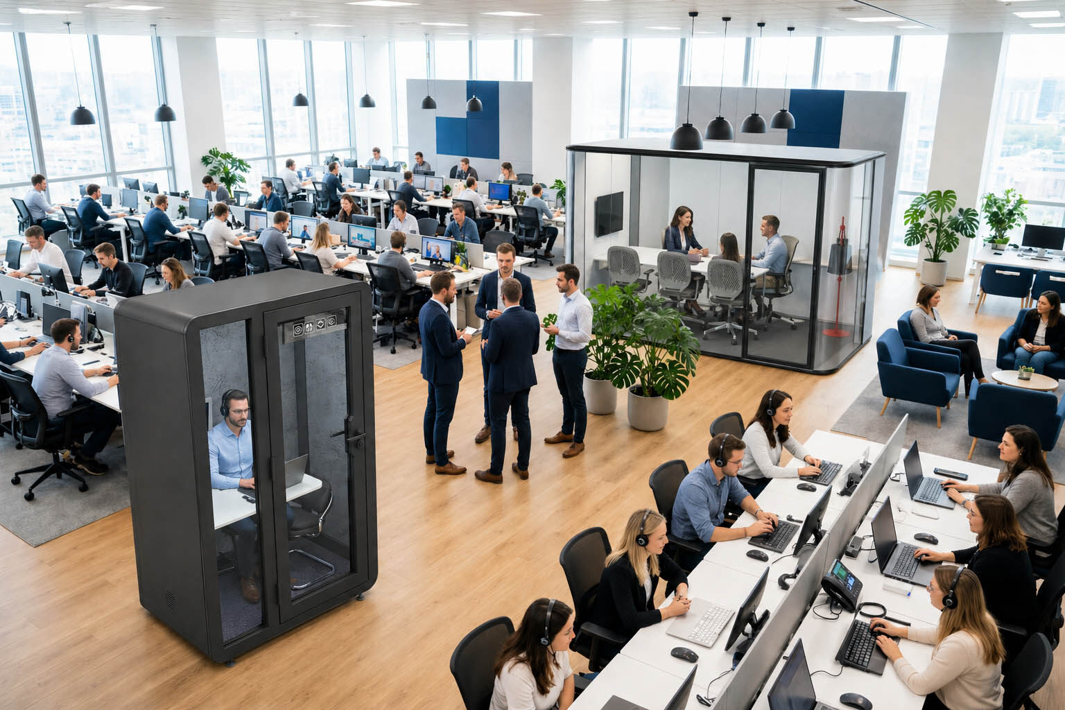 Modern office with two soundproof privacy pods - compact phone booth for individual calls and spacious conference pod for team meetings in open plan workspace
